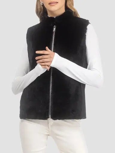 Gorski Women's Select Shearling Lamb Zip Vest with Wool - Black - Size Small | Thumbnail 3