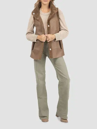Gorski Women's Reversible Textured Shearling Lamb Vest - Camel - Size Small | Thumbnail 2