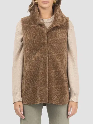 Gorski Women's Reversible Textured Shearling Lamb Vest - Camel - Size Small | Thumbnail 3