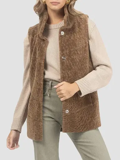 Gorski Women's Reversible Textured Shearling Lamb Vest - Camel - Size Small | Thumbnail 4