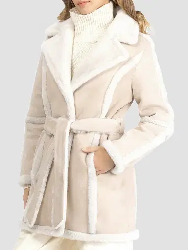 Gorski Women's Merino Shearling Lamb Stroller with Spill Seam Belt - Cream - Size Large | Thumbnail 3