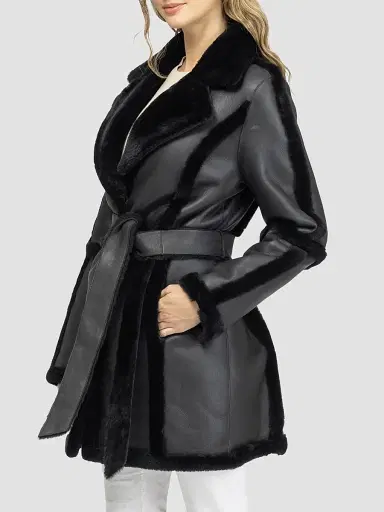 Gorski Women's Merino Shearling Lamb Stroller with Spill Seam Belt - Black - Size XL | Thumbnail 4