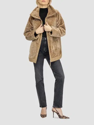 Gorski Women's Textured Shearling Lamb Zip Coat - Latte - Size Large | Thumbnail 2