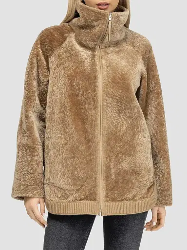 Gorski Women's Textured Shearling Lamb Zip Coat - Latte - Size Large | Thumbnail 3