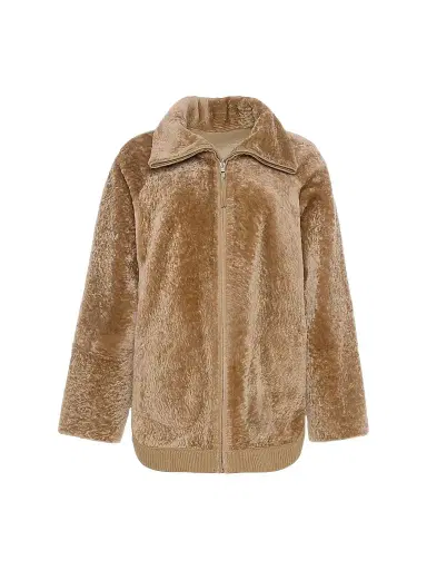Gorski Women's Textured Shearling Lamb Zip Coat - Latte - Size Large | Thumbnail 1