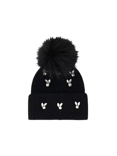 Lyla Grant Women's Knit Beanie Hat with Fox Pompom - Black | Thumbnail 1 Lyla Grant Women's Knit Beanie Hat with Fox Pompom - Black | Thumbnail 1