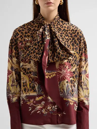 Etro Women's Leopard Safari Print Silk Shirt - Printed Red | Thumbnail 5