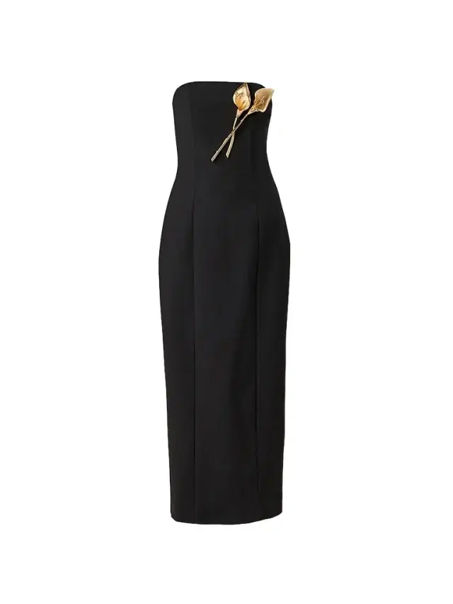 Carolina Herrera Women's Floral Brooch-Detailed Stretch Wool Gown - Black