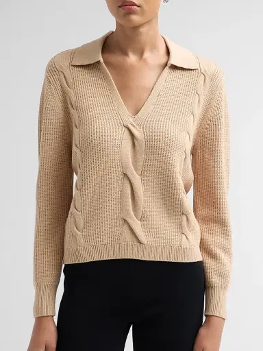 Elie Tahari Women's Marjorie Waffle & Cable-Knit Sweater - Vicuna | Thumbnail 5