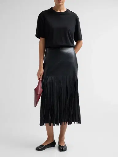 Elie Tahari Women's Kaia Faux-Leather Fringed Midi-Skirt - Noir | Thumbnail 2