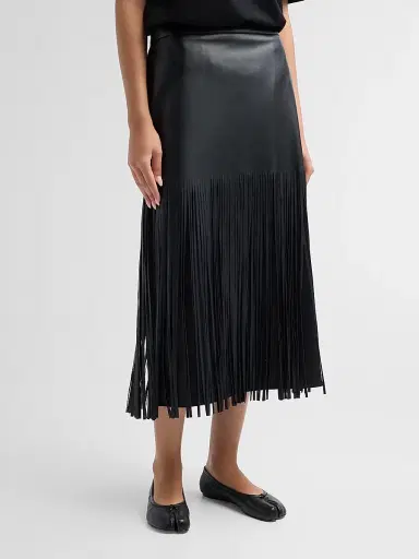 Elie Tahari Women's Kaia Faux-Leather Fringed Midi-Skirt - Noir | Thumbnail 4