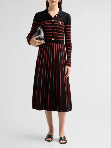 Elie Tahari Women's Elodie Striped Rib-Knit Midi Shirtdress - Noir And Toasted Saffron | Thumbnail 2