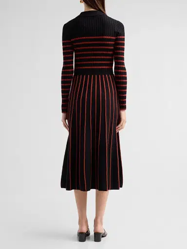 Elie Tahari Women's Elodie Striped Rib-Knit Midi Shirtdress - Noir And Toasted Saffron | Thumbnail 3