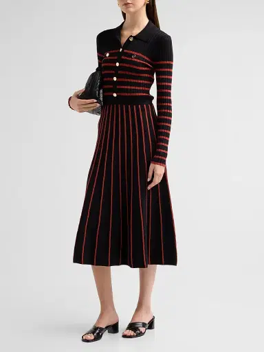 Elie Tahari Women's Elodie Striped Rib-Knit Midi Shirtdress - Noir And Toasted Saffron | Thumbnail 4