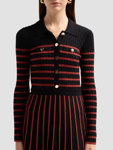 Elie Tahari Women's Elodie Striped Rib-Knit Midi Shirtdress - Noir And Toasted Saffron | Thumbnail 5