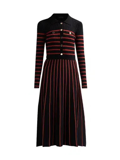Elie Tahari Women's Elodie Striped Rib-Knit Midi Shirtdress - Noir And Toasted Saffron | Thumbnail 1