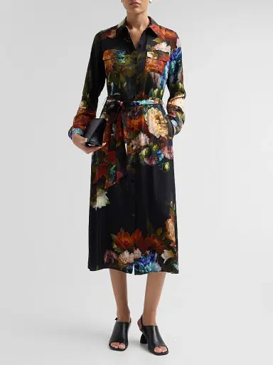Elie Tahari Women's Kataleya Floral Stretch-Silk Self-Belt Midi-Shirtdress - Mystical Forest Print | Thumbnail 2