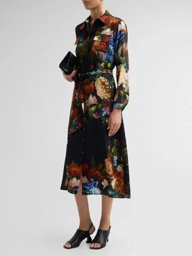 Elie Tahari Women's Kataleya Floral Stretch-Silk Self-Belt Midi-Shirtdress - Mystical Forest Print | Thumbnail 4