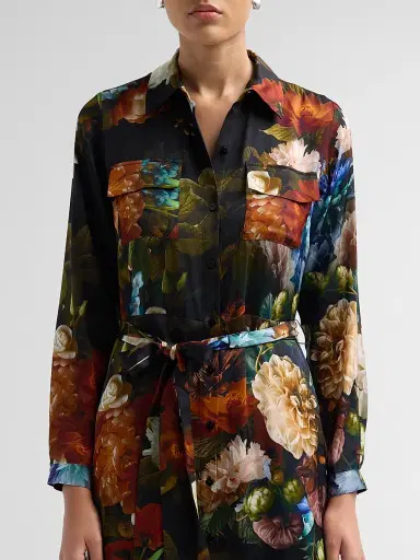Elie Tahari Women's Kataleya Floral Stretch-Silk Self-Belt Midi-Shirtdress - Mystical Forest Print | Thumbnail 5