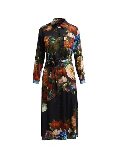 Elie Tahari Women's Kataleya Floral Stretch-Silk Self-Belt Midi-Shirtdress - Mystical Forest Print | Thumbnail 1