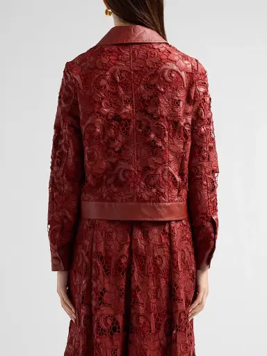 Elie Tahari Women's Chayenne Guipure Lace & Faux-Leather Crop Jacket - Toasted Saffron | Thumbnail 3