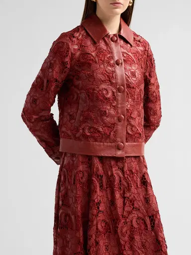 Elie Tahari Women's Chayenne Guipure Lace & Faux-Leather Crop Jacket - Toasted Saffron | Thumbnail 4
