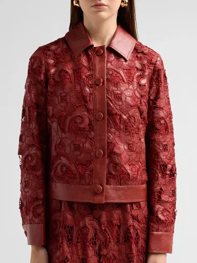 Elie Tahari Women's Chayenne Guipure Lace & Faux-Leather Crop Jacket - Toasted Saffron | Thumbnail 5