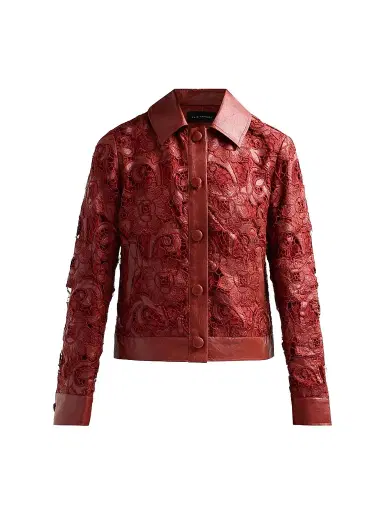 Elie Tahari Women's Chayenne Guipure Lace & Faux-Leather Crop Jacket - Toasted Saffron | Thumbnail 1