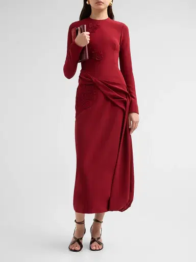Lela Rose Women's Floral Organza Embroidered Crepe Dress - Wine | Thumbnail 2 Lela Rose Women's Floral Organza Embroidered Crepe Dress - Wine | Thumbnail 2