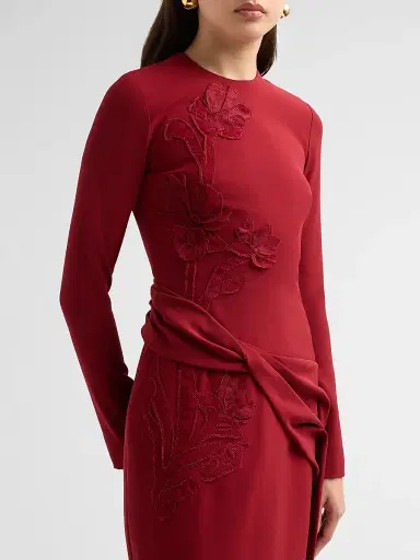 Lela Rose Women's Floral Organza Embroidered Crepe Dress - Wine | Thumbnail 5 Lela Rose Women's Floral Organza Embroidered Crepe Dress - Wine | Thumbnail 5
