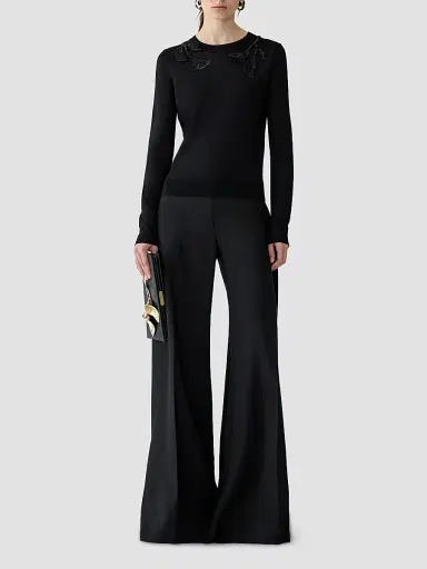 Carolina Herrera Women's Embroidered Wool & Silk-Blend Long-Sleeve Sweater - Black | Thumbnail 2
