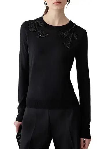 Carolina Herrera Women's Embroidered Wool & Silk-Blend Long-Sleeve Sweater - Black | Thumbnail 1