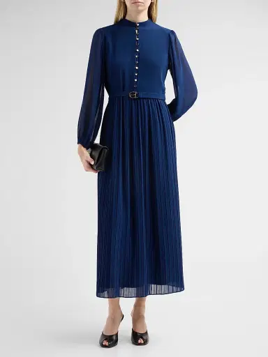Elie Tahari Women's Adira Pleated A-Line Belted Midi-Dress - Twilight Sky | Thumbnail 2