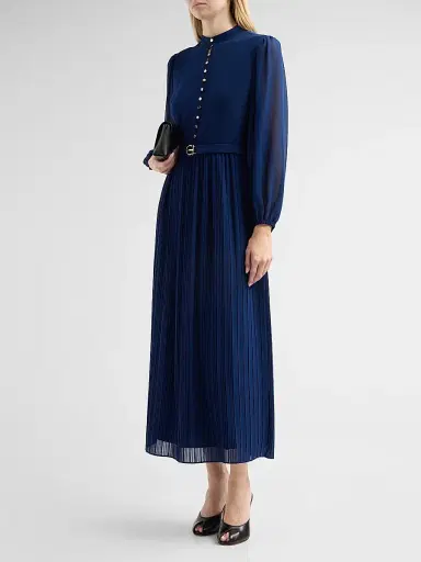 Elie Tahari Women's Adira Pleated A-Line Belted Midi-Dress - Twilight Sky | Thumbnail 4