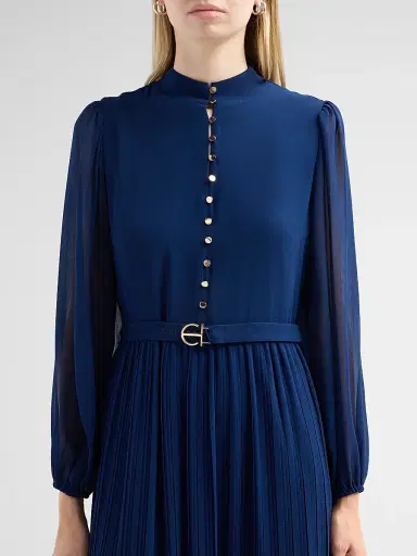 Elie Tahari Women's Adira Pleated A-Line Belted Midi-Dress - Twilight Sky | Thumbnail 5