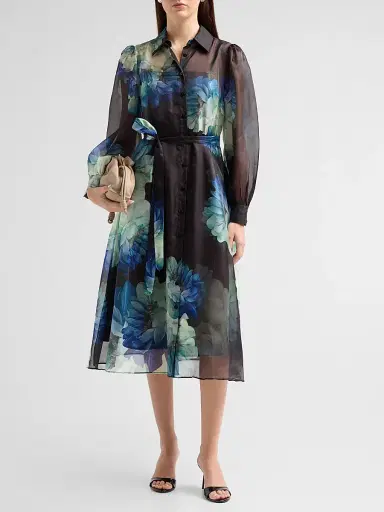 Elie Tahari Women's Romy Floral Organza Self-Belt Midi Shirtdress - Twilight Floral Print | Thumbnail 2
