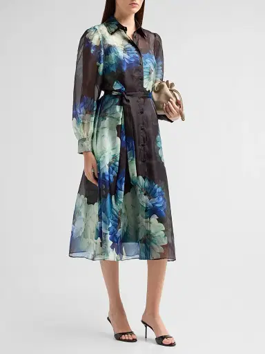 Elie Tahari Women's Romy Floral Organza Self-Belt Midi Shirtdress - Twilight Floral Print | Thumbnail 4