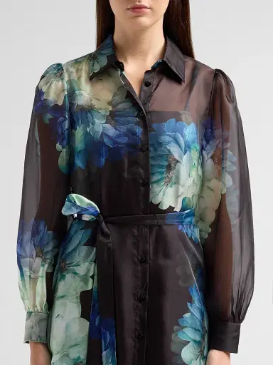 Elie Tahari Women's Romy Floral Organza Self-Belt Midi Shirtdress - Twilight Floral Print | Thumbnail 5