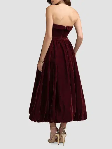 Mac Duggal Women's Velvet Strapless Bubble Hem Midi Dress - Wine | Thumbnail 2 Mac Duggal Women's Velvet Strapless Bubble Hem Midi Dress - Wine | Thumbnail 2