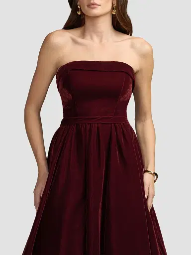 Mac Duggal Women's Velvet Strapless Bubble Hem Midi Dress - Wine | Thumbnail 3 Mac Duggal Women's Velvet Strapless Bubble Hem Midi Dress - Wine | Thumbnail 3