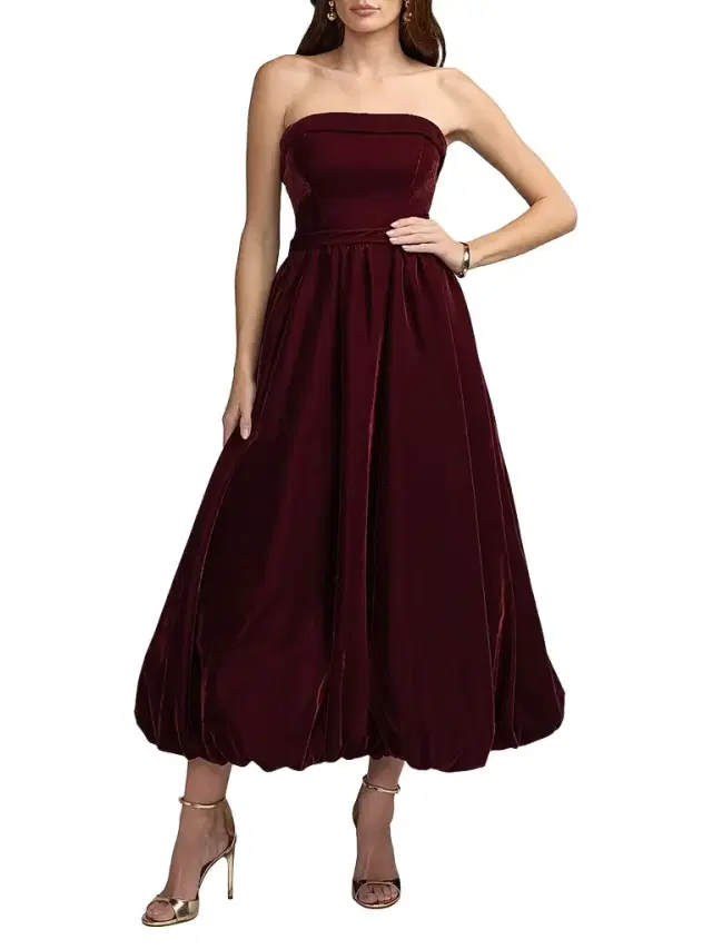 Mac Duggal Women's Velvet Strapless Bubble Hem Midi Dress - Wine