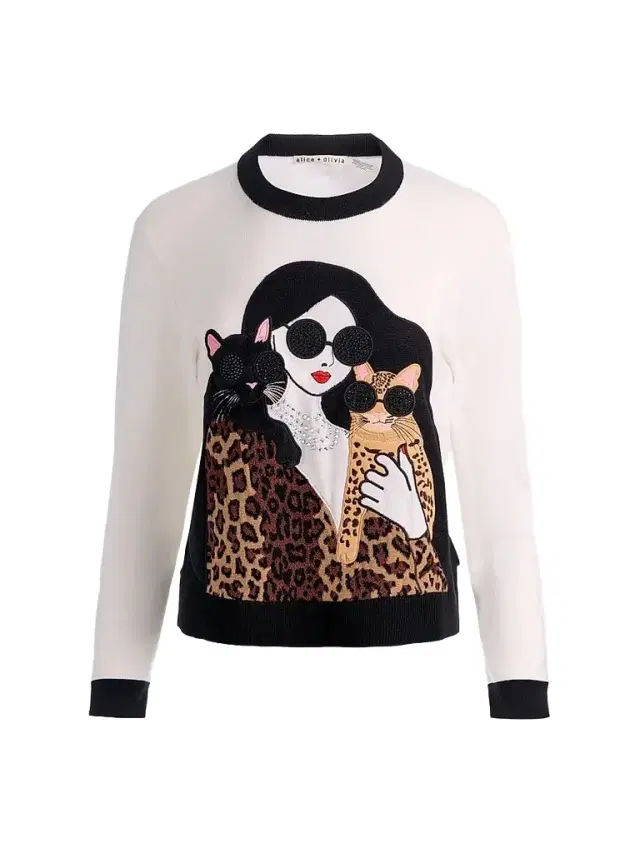 Alice + Olivia Women's Gleeson Staceface Leopard Merino Wool Pullover Sweater - Soft White Multi
