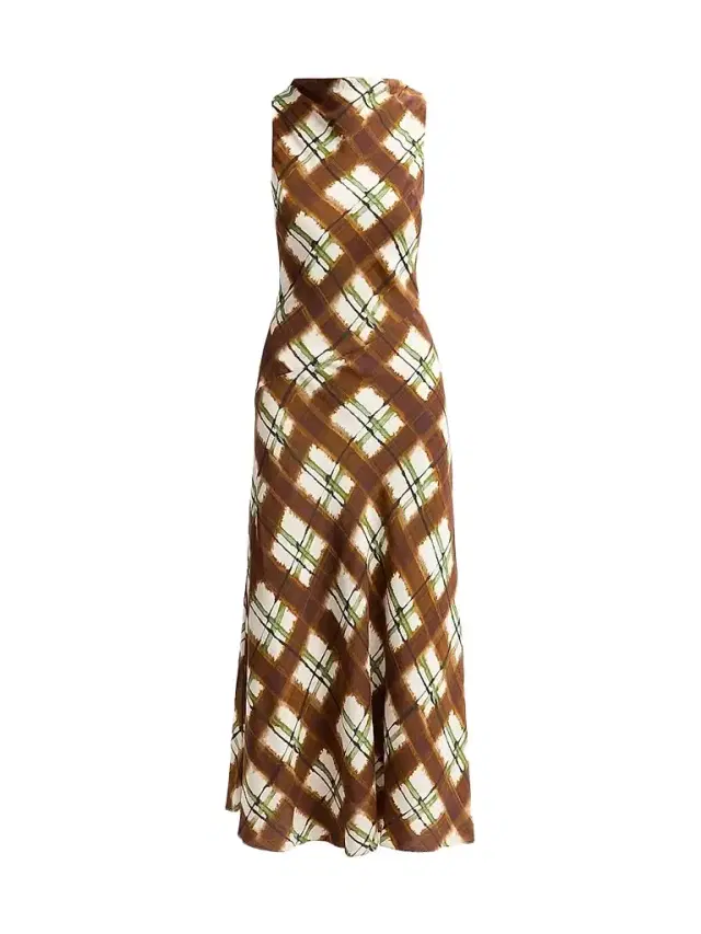 Cara Cara Women's Crystal Plaid Silk Midi Dress - Painted Plaid Brown