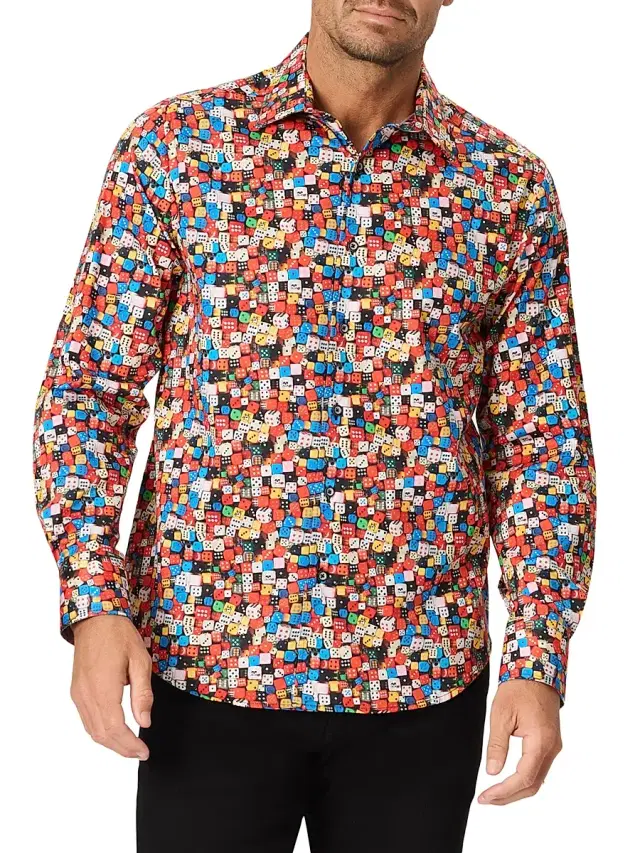 Robert Graham Men's Snake Eyes Dice-Print Stretch Cotton Shirt - Size XXL
