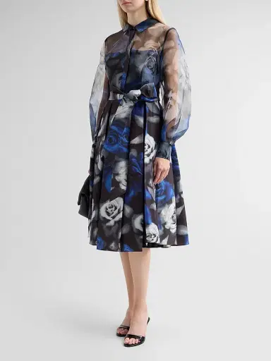 THEIA Women's Agatha Floral Organza Shirtdress - Blurred Roses Shadowpetal - Size 16 | Thumbnail 4