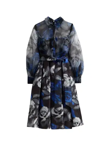 THEIA Women's Agatha Floral Organza Shirtdress - Blurred Roses Shadowpetal - Size 16 | Thumbnail 1