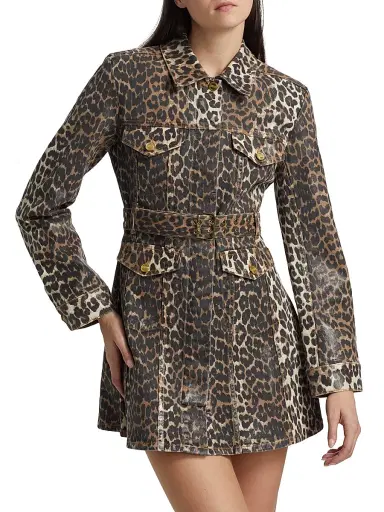 Ganni Women's Leopard Print Denim Mini Shirtdress - Leopard | Thumbnail 3