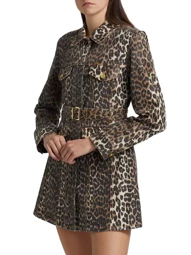Ganni Women's Leopard Print Denim Mini Shirtdress - Leopard | Thumbnail 4