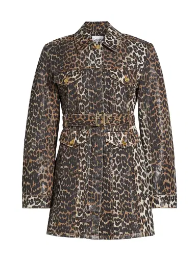 Ganni Women's Leopard Print Denim Mini Shirtdress - Leopard | Thumbnail 1