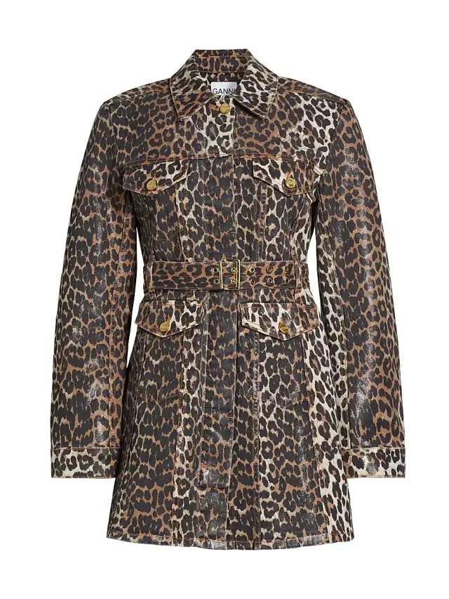 Ganni Women's Leopard Print Denim Mini Shirtdress - Leopard